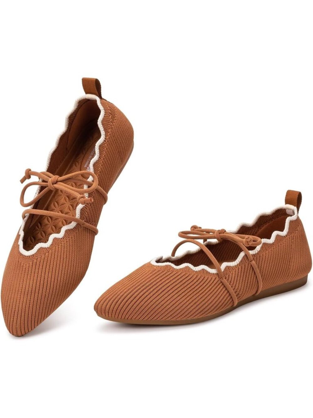 Women's Tan Rubber Knitted Slip On Pointed Toe with Ruffled Vamp Elastic Flats